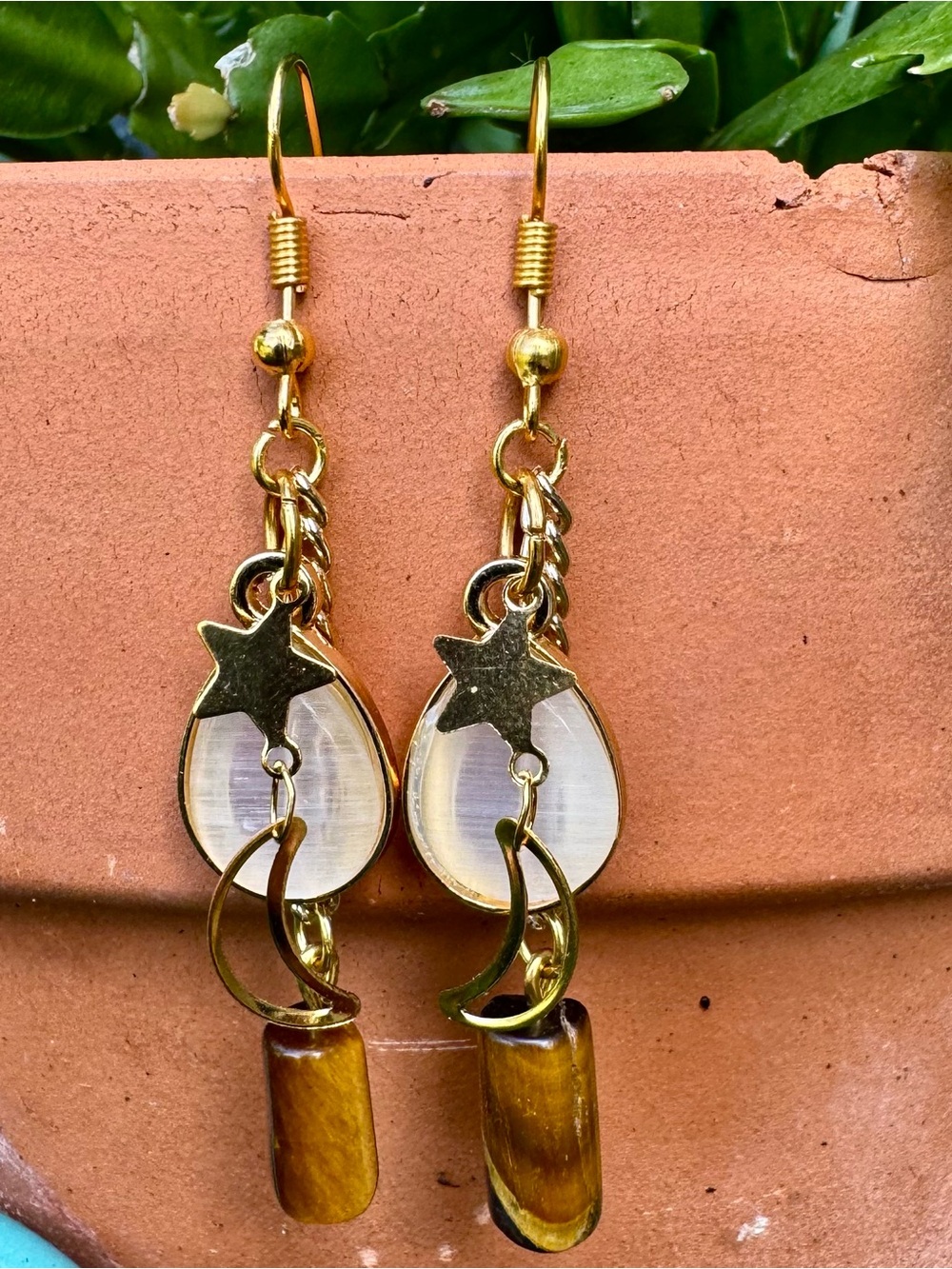 Gold Star & Stone Drop Earrings - Gold
